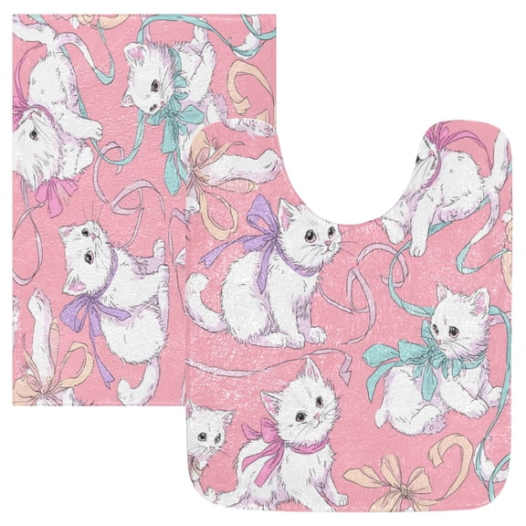 2 Piece Bath Mat Set with U-Shaped Toilet Mat and Rectangle Bath Rugs Non Slip Machine Washable Bathroom Mats White Cat Pattern