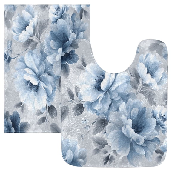 2 Piece Bath Mat Set with U-Shaped Toilet Mat and Rectangle Bath Rugs Non Slip Machine Washable Bathroom Mats White Floral Pattern