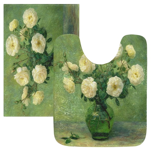 2 Piece Bath Mat Set with U-Shaped Toilet Mat and Rectangle Bath Rugs Non Slip Machine Washable Bathroom Mats White Roses in A Vase