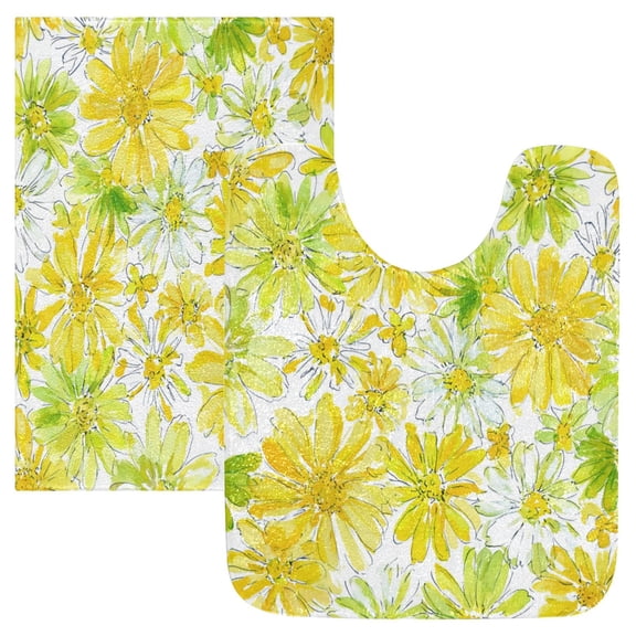 2 Piece Bath Mat Set with U-Shaped Toilet Mat and Rectangle Bath Rugs Non Slip Machine Washable Bathroom Mats Yellow Daisy Pattern