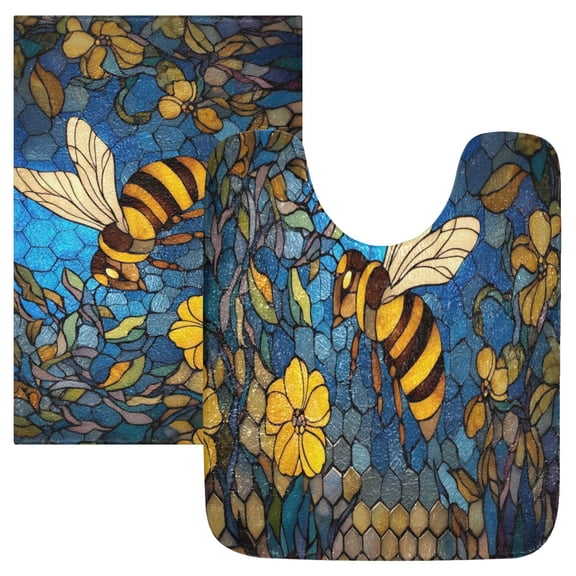 2 Piece Bath Mat Set with U-Shaped Toilet Mat and Rectangle Bath Rugs Non Slip Machine Washable Bathroom Mats Yellow Flowers and Bee