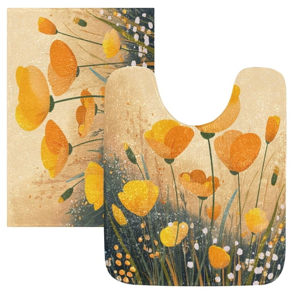 2 Piece Bath Mat Set with U-Shaped Toilet Mat and Rectangle Bath Rugs Non Slip Machine Washable Bathroom Mats Yellow Flowers on The Grass