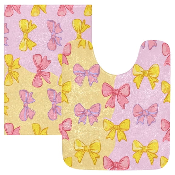 2 Piece Bath Mat Set with U-Shaped Toilet Mat and Rectangle Bath Rugs Non Slip Machine Washable Bathroom Mats Yellow and Pink Bows