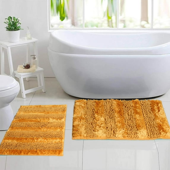 2 Piece Bath Rug Set Butter Chenille Stripe Gold