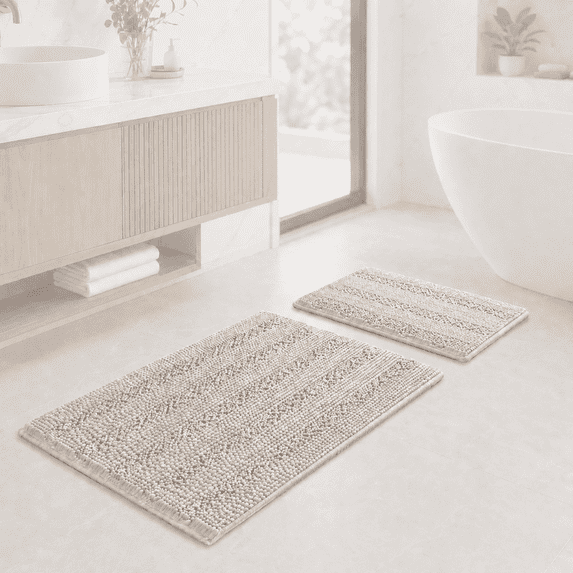 PrimeBeau 2-Piece Bath Rug Set, Striped, Shaggy Microfiber Machine Washable, Cream Color (Pack 2-20" x 32"/17" x 24")