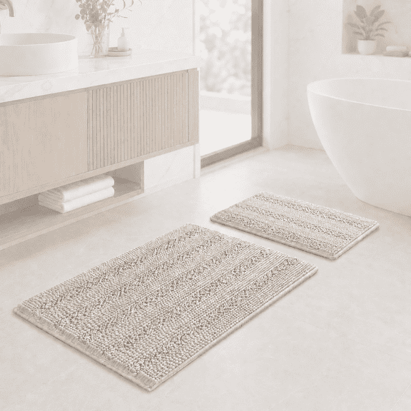 PrimeBeau 2-Piece Bath Rug Set, Striped, Shaggy Microfiber Machine Washable, Cream Color (Pack 2-20" x 32"/17" x 24")