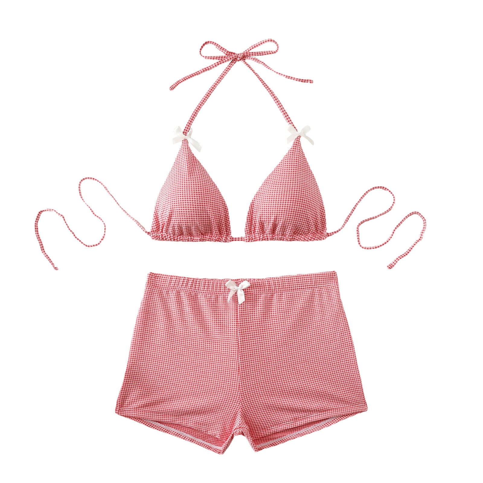 2 Piece Bathing Suit,Women's Gingham Bikini with Shorts Triangle Halter ...