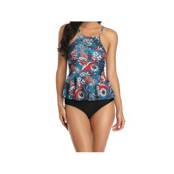 2 Piece Bathing Suits For Women, Trendy High Waisted Bikini Tankini Comfortable and Stylish – Blue Flower – QSH148