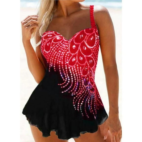 2 Piece Bathing Suits For Women, Trendy High Waisted Bikini Tankini Comfortable and Stylish – Multiple Colors and Designs – Red–setQ - XL