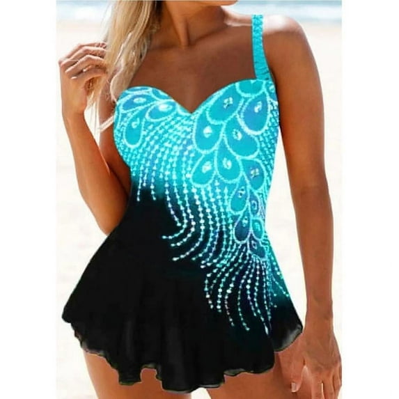 2 Piece Bathing Suits For Women, Trendy High Waisted Bikini Tankini Comfortable and Stylish – Multiple Colors and Designs – light Blue–setQ - S