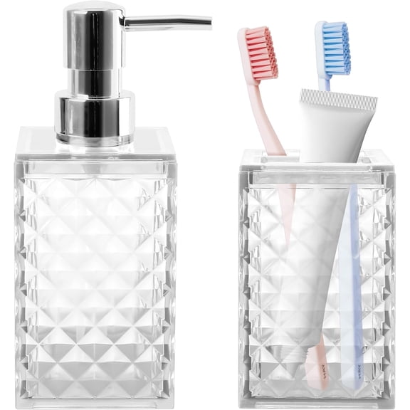 2 Piece Bathroom Accessory Set, Clear Soap Dispenser and Toothbrush Holder | Clear Bathroom Accessories Sets, Modern Bathroom Decor, Plastic Bathroom Sets