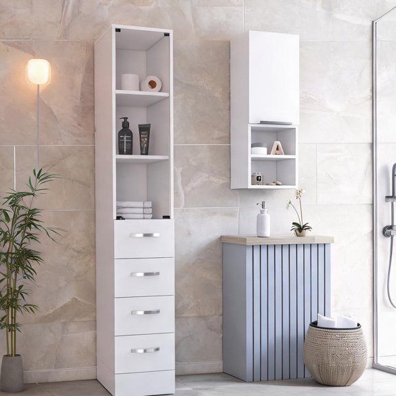 2-Piece Bathroom Cabinet Set, Space-Saving Storage Design, Crisp White Particle Board