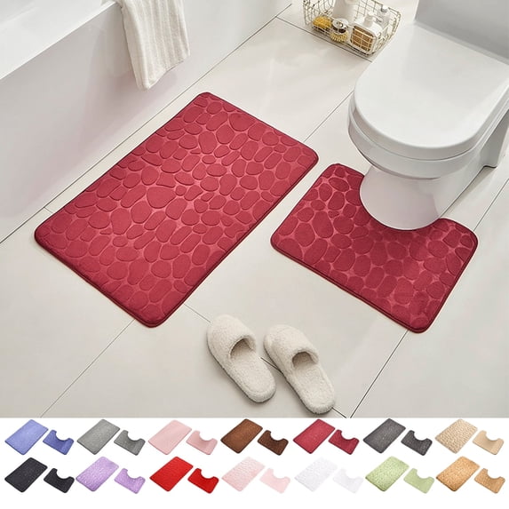 2-Piece Bathroom Rug Set, 16"x20" Absorbent Foam Bath Mat & U-Shaped Toilet Mat, Soft Non-Slip Machine Washable Contour Rug, C