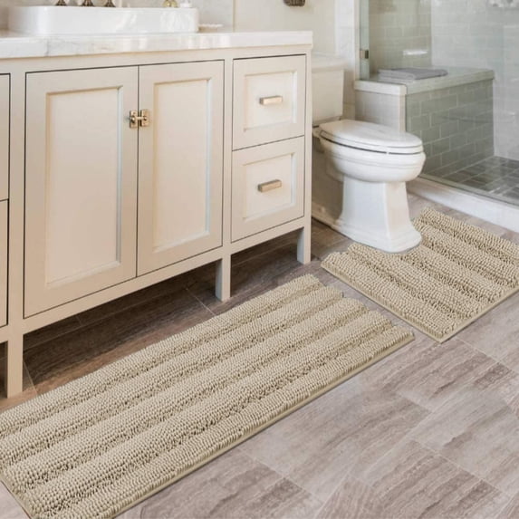 2-Piece Bathroom Rug Set, 20" x 32" Plus 17" x 24", Extra Thick Chenille Striped Long Pile Bath Mats, Non-Slip Floor Mat For Bathroom