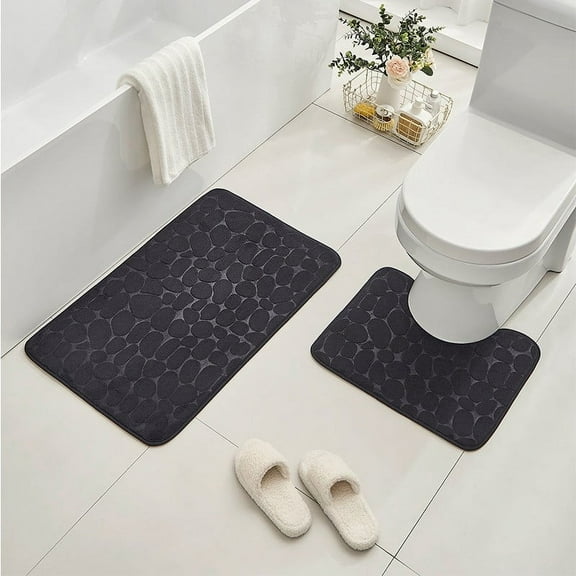 2-Piece Bathroom Rug Set - Cobblestone Embossed Coral Fleece Mats with Memory Foam, Non-Slip Backing, Super Absorbent U-Shaped Toilet Mat + Bath Mat, Machine Washable (40×50cm + 40×60cm)