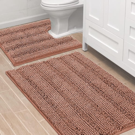 2 Piece Bathroom Rug Set Non Slip Contour Toilet Mat Ultra Thick Water Absorbent Striped Bath Mats Washable 36 x 24 Inch Plus 20 x 24 Inch U Shape Muted Clay