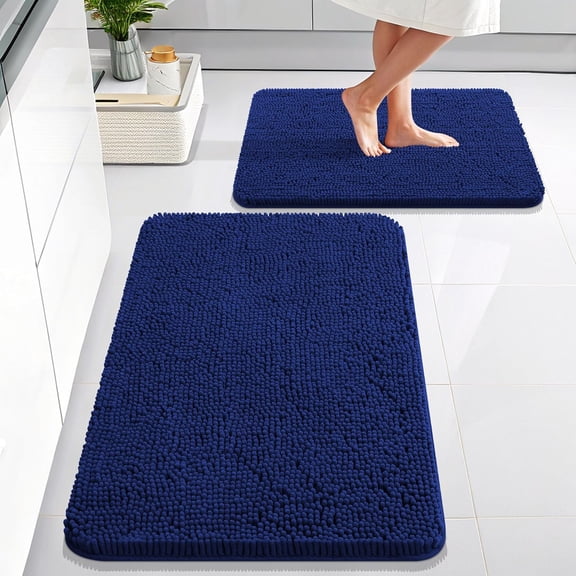 2 Piece Bathroom Rugs Sets Soft Absorbent Chenille Bath Mats Non Slip Quick Dry Machine Washable Navy