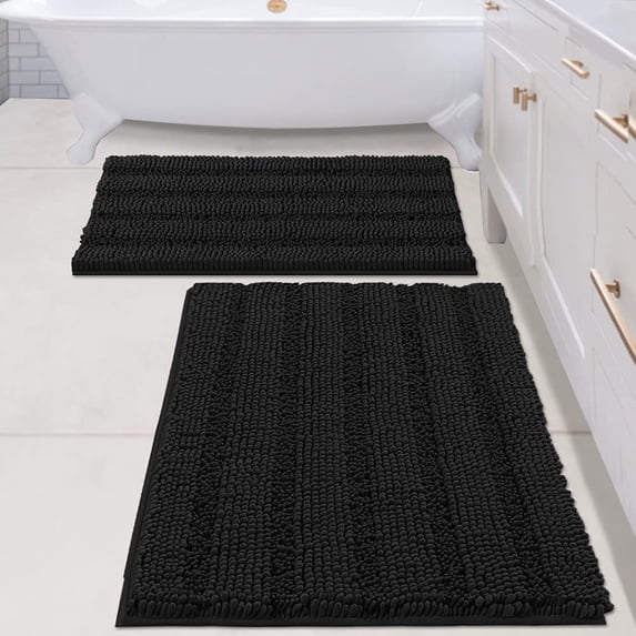 2 Piece Bathroom Set Bathroom Rugs Bath Mats Sets Super Absorbent Chenille Striped Bath Mats Non Skid Machine Wash Dry Rugs for Bathroom Floor(Black, 24 x 36 Plus 20 x 32 - Inches)
