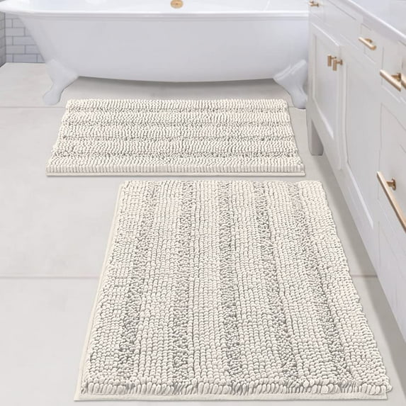 2 Piece Bathroom Set Bathroom Rugs Bath Mats Sets Super Absorbent Chenille Striped Bath Mats Non Skid Machine Wash Dry Rugs for Bathroom Floor(Cream, 24 x 36 Plus 20 x 32 - Inches)