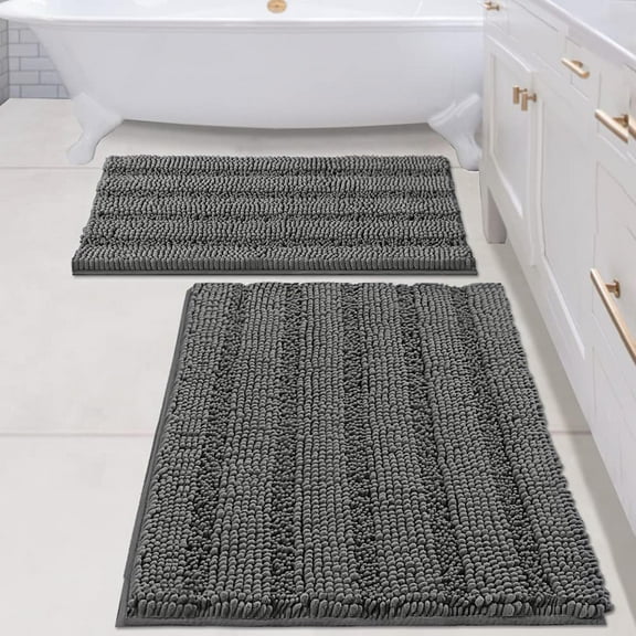 2 Piece Bathroom Set Bathroom Rugs Bath Mats Sets Super Absorbent Chenille Striped Bath Mats Non Skid Machine Wash Dry Rugs for Bathroom Floor(Grey, 24 x 36 Plus 20 x 32 - Inches)