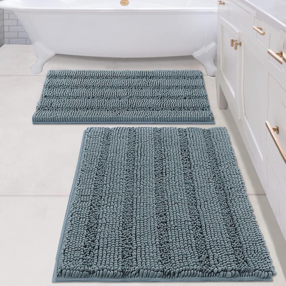 2 Piece Bathroom Set Bathroom Rugs Bath Mats Sets Super Absorbent Chenille Striped Bath Mats Non Skid Machine Wash Dry Rugs for Bathroom Floor(Stone Blue, 24 x 36 Plus 20 x 32 - Inches)