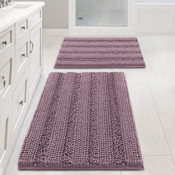 2 Piece Bathroom Set Mauve/Rose Bathroom Rugs Ultra Thick and Soft Texture Chenille Plush Striped Floor Mats Hand Tufted Bath Rug with Non-Slip Backing(20" x 32"/17" x 24")