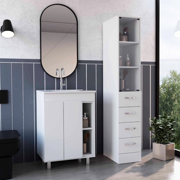 2 Piece Bathroom - White. Interlocking Construction For Quick Assembly. Pre-drilled Holes Accurate Installation. Comprehensive Assembly Manual. Quality Particle Board Vanity & Linen Cabinet. 17.75"