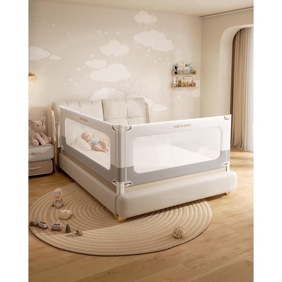 2 Piece Bed Rails for Full Size Bed, Thickened No-Drill Baby Bed Rail Guard forToddlers & Kids, Child Safety Side Bedrail/ Baby Bed Railings with Height Adjustable. White/Grey, 54x74.8in