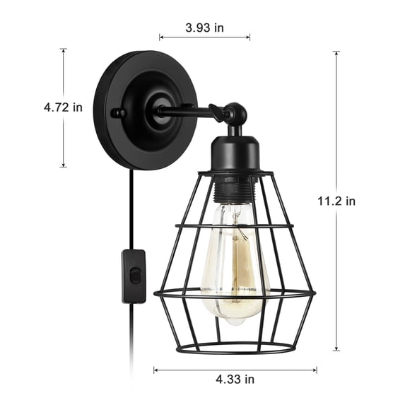 2-Piece Bedroom Bedside Cage Wall Sconce Industrial Plug Wall Sconce With Push Button Switch