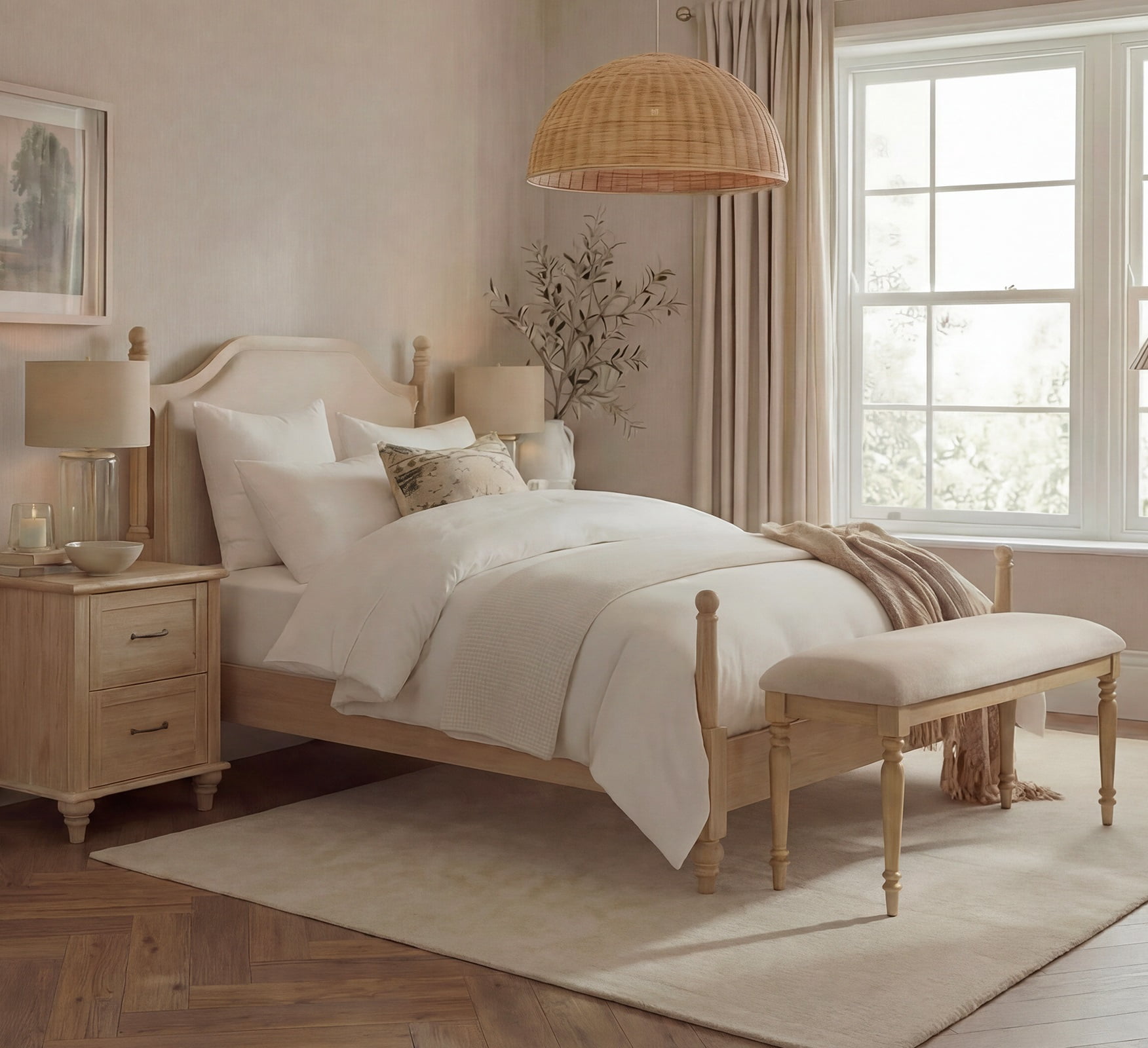 2 Piece Bedroom Set, Queen Bed Frame & Upholstered End of Bed Bench, Oak