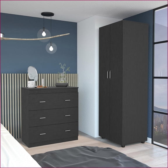 2-Piece Bedroom Set for Apartments/Dorms: London Armoire + Capri 3-Drawer Dresser | Particle Board | Black