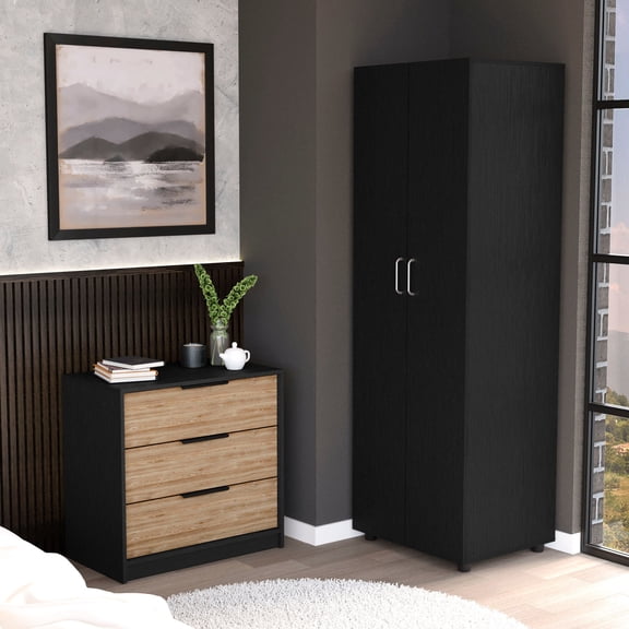 2 Piece Bedroom Set in Black with Intuitive Interlocking Mechanism for Bedroom Assembly Simplifying Process