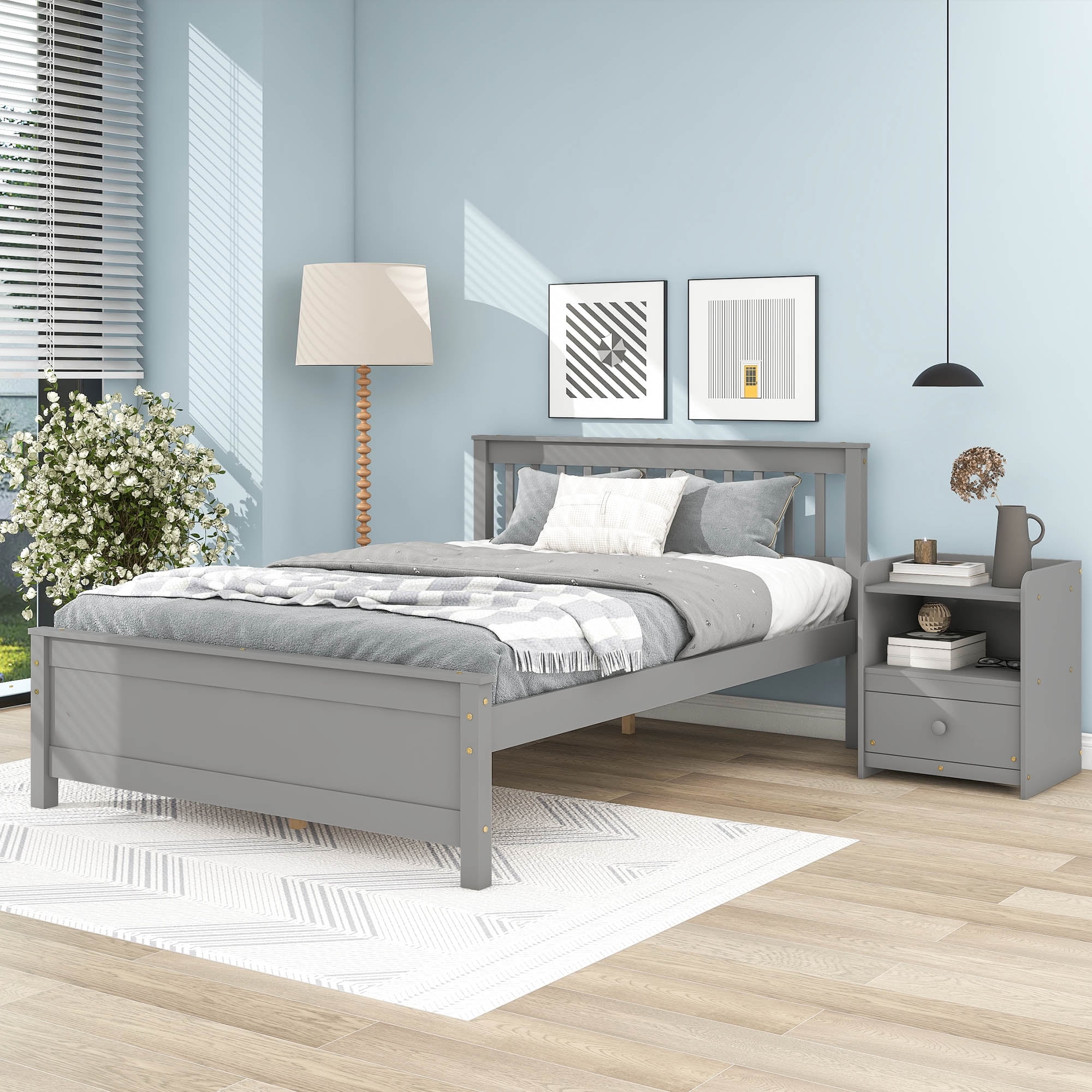2 Piece Bedroom Sets with Full Size Platform Bed and a Nightstand, Wood Platform Bed with Headboard for Kids Teens Adults, Gray