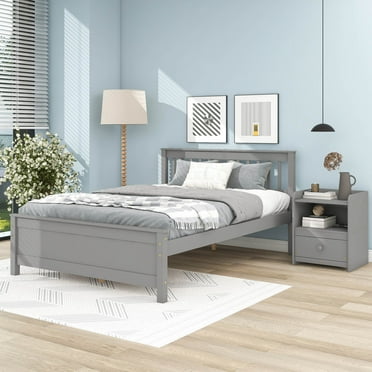 2 Piece Bedroom Sets with Full Size Platform Bed and a Nightstand, Wood Platform Bed with Headboard for Kids Teens Adults, Gray