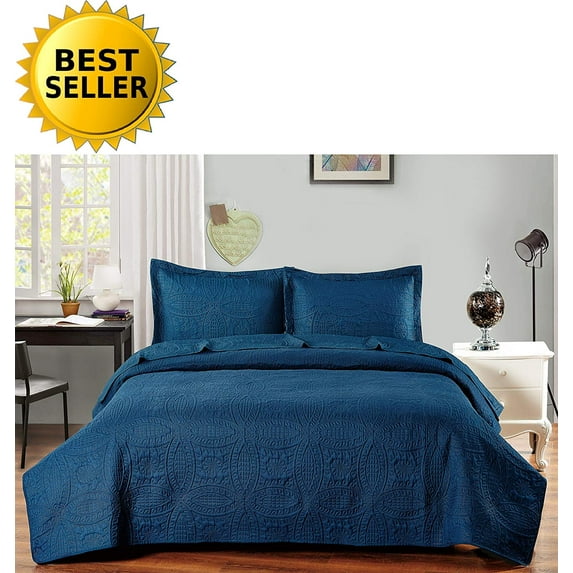 2-Piece Bedspread Coverlet Quilt Set with Shams Full/Queen Navy Blue