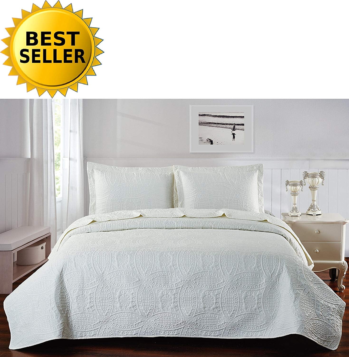2-Piece Bedspread Coverlet Quilt Set with Shams King Beige/Cream