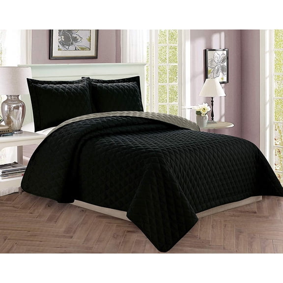 2-Piece Bedspread Coverlet Quilted Set with Sham - Twin/Twin XL, Black/Gray