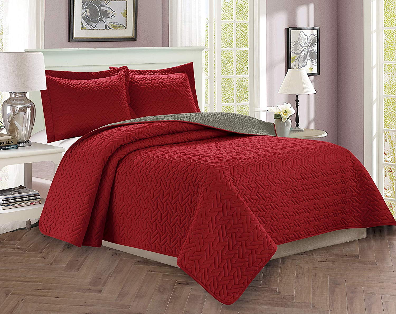2-Piece Bedspread Coverlet Quilted Set with Sham Twin/Twin XL Burgundy/Gray