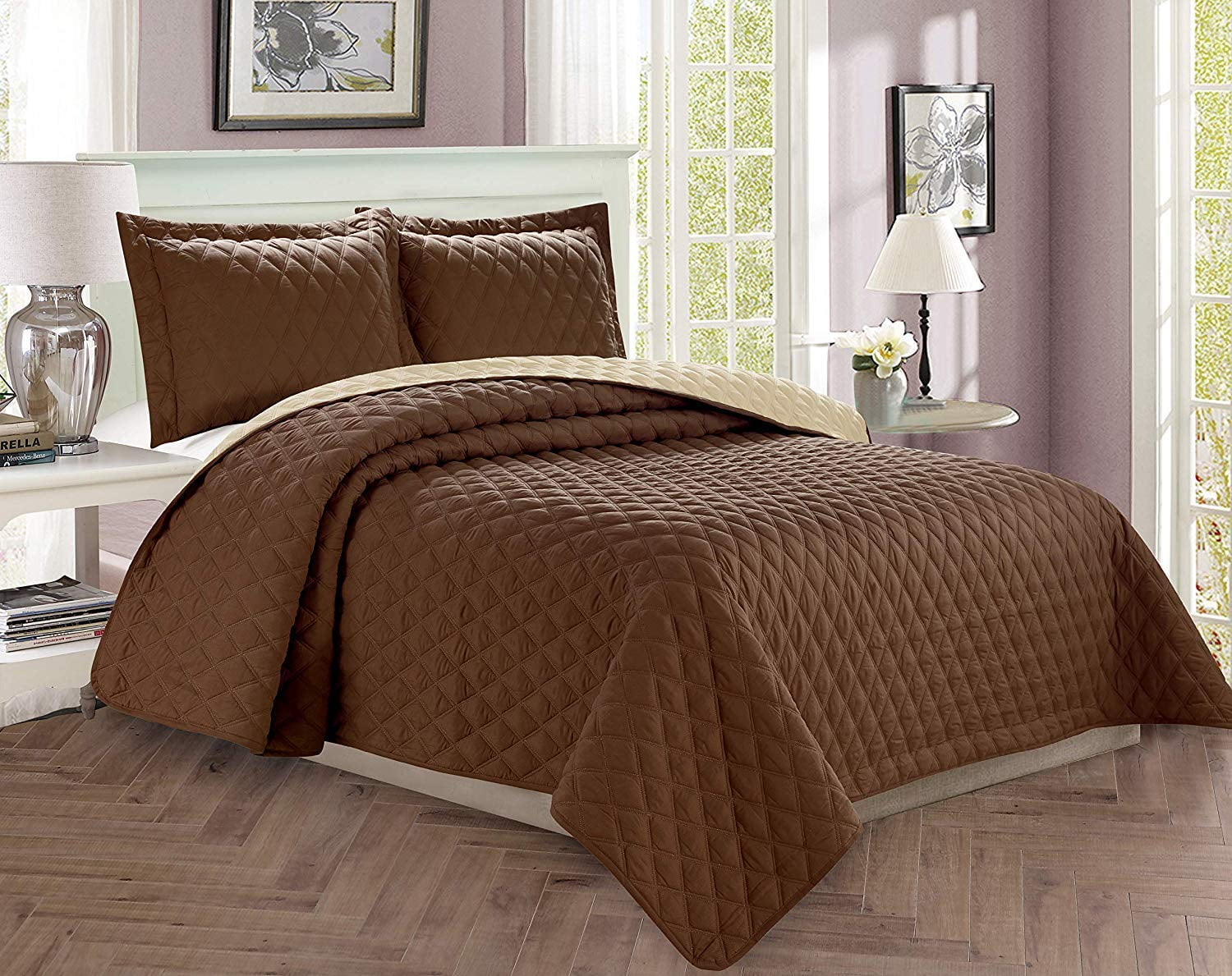 2-Piece Bedspread Coverlet Quilted Set with Sham - Twin/Twin XL, Chocolate/Cream