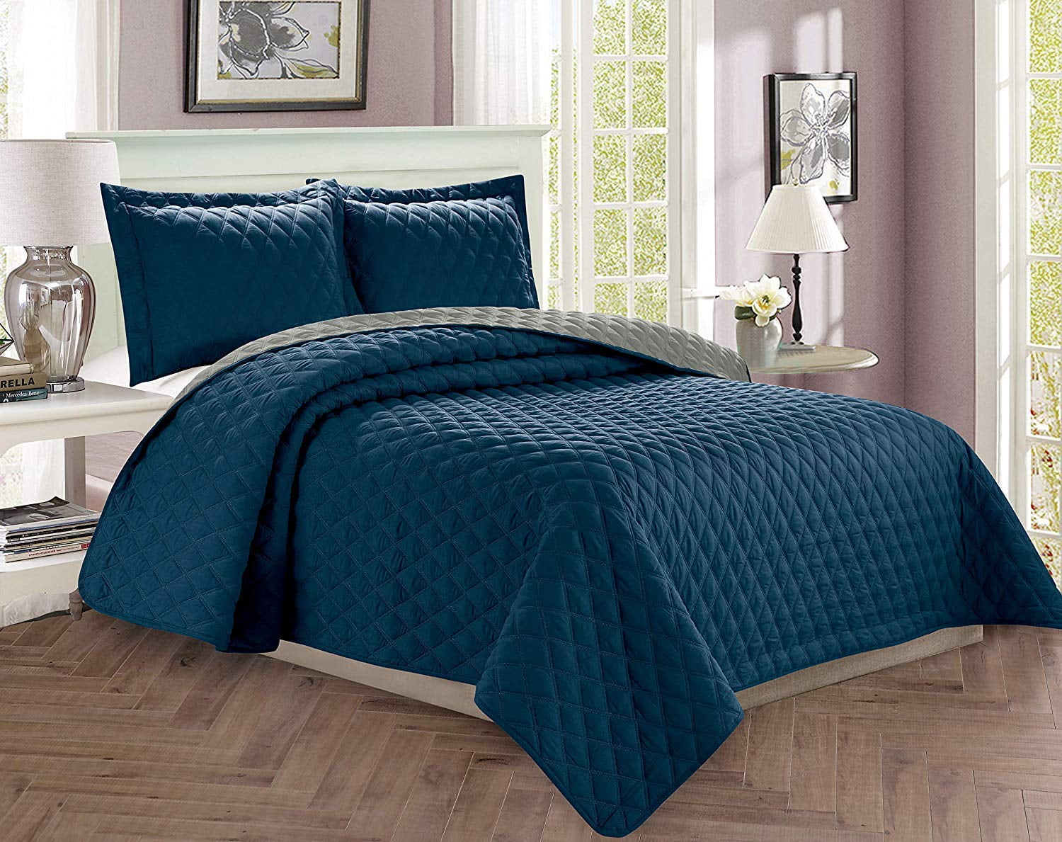 2-Piece Bedspread Coverlet Quilted Set with Sham - Twin/Twin XL, Navy Blue/Gray