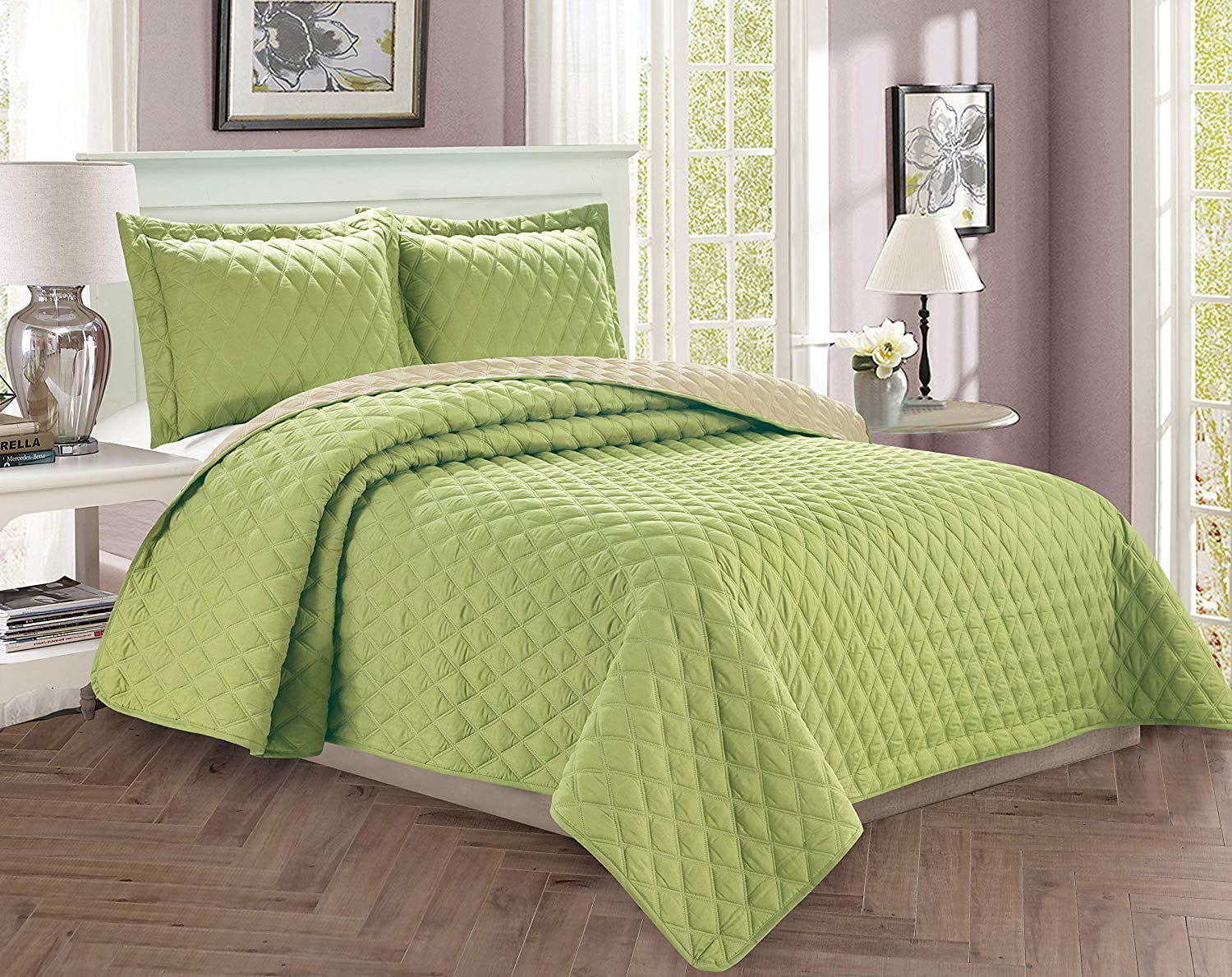 2-Piece Bedspread Coverlet Quilted Set with Sham - Twin/Twin XL, Sage/Cream