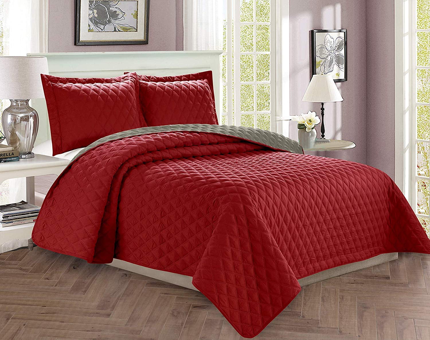 2 Piece Bedspread Coverlet Quilted Set with Sham TwinTwin XL, BurgundyGray