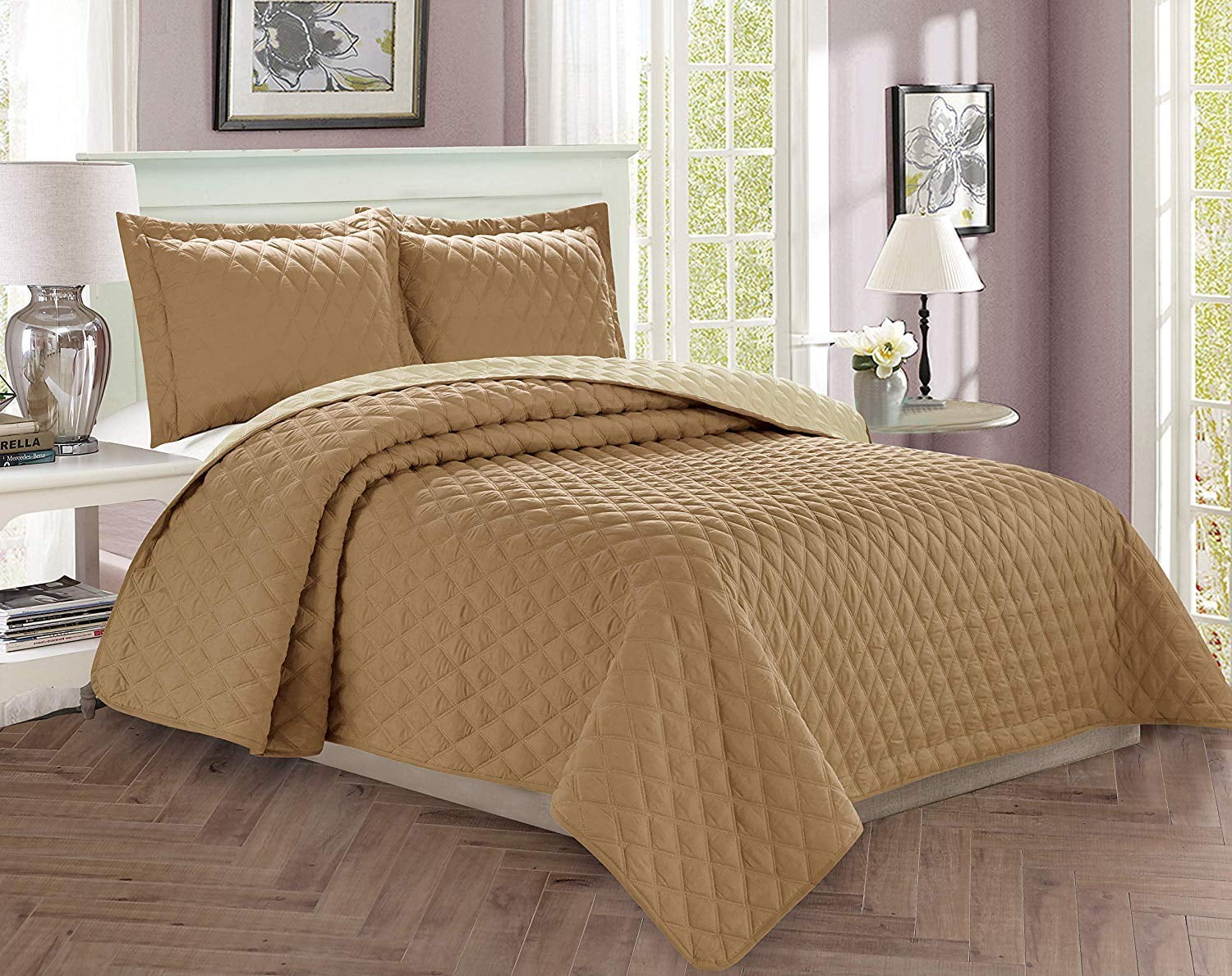 2 Piece Bedspread Coverlet Quilted Set with Sham TwinTwin XL, TaupeCream