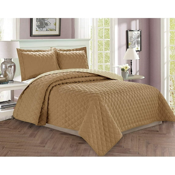 2 Piece Bedspread Coverlet Quilted Set with Sham TwinTwin XL, TaupeCream