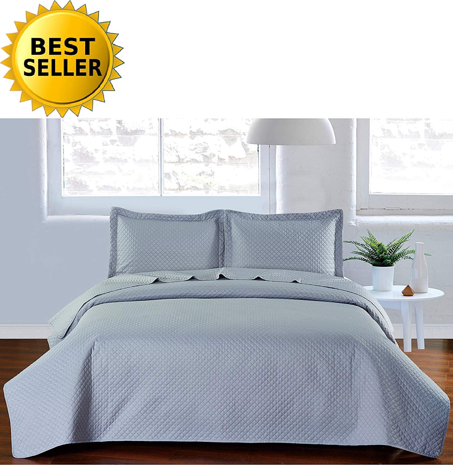 2-Piece Bedspread Coverlet Square Design Quilt Set with Shams Full/Queen Light Grey