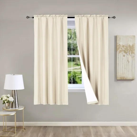 2 Piece Beige Light Blocking Panels White Backing Rod Pocket Window Curtain 37" W X 63" L Each Panel