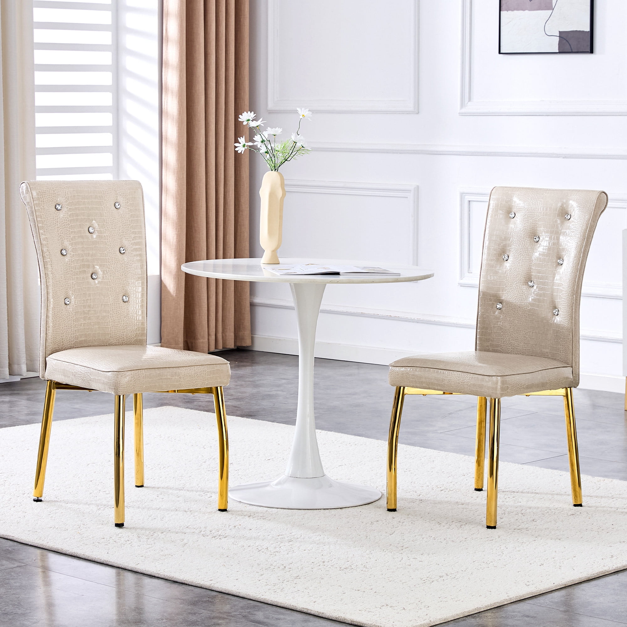 2-Piece Beige and Gold Faux Leather Dining Chair Set with Crocodile ...