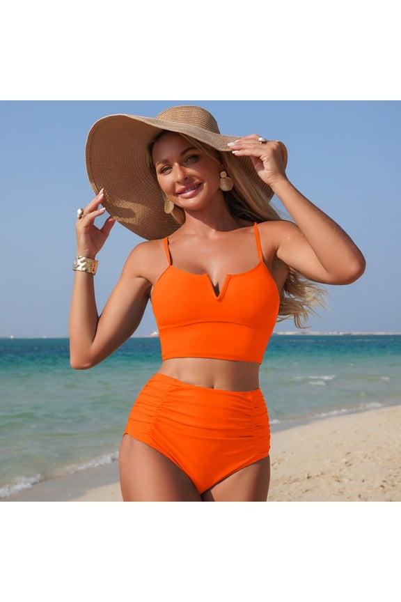 2 Piece Bikini Set For Women Spaghetti Strap Halter High Waist Hide Belly Slimming Bathing Suit With Chest Cushion (L, Orange)