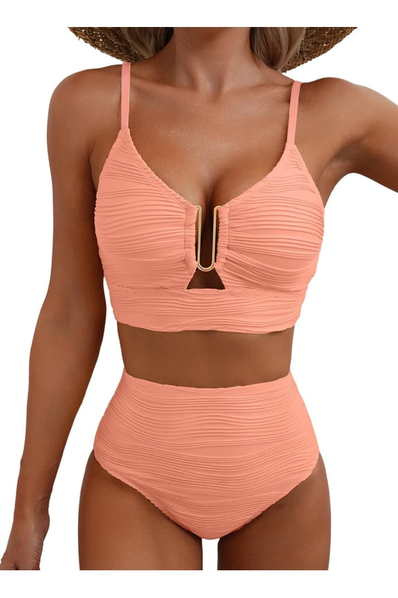 2 Piece Bikini Set U-Wire Cutout Popular Swimsuit High Waisted Textured 2026 Summer Beach Swim Bathing Suits