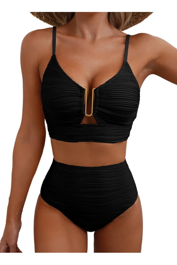 2 Piece Bikini Set U-Wire Cutout Popular Swimsuit High Waisted Textured 2026 Summer Beach Swim Bathing Suits